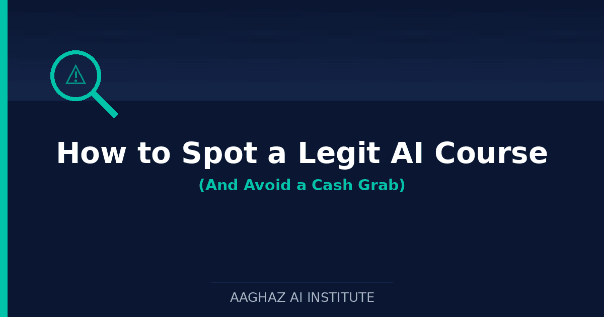How to Spot a Legit AI Course and Avoid a Cash Grab — Aaghaz AI Institute cover graphic with magnifying glass icon" Placement: Top of article, directly under the title.